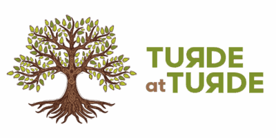 Logo for Turde at Turde med et tegnet træ med med flotte aftegninger i barke og grønne blade, der er logosymbol for stemmetræner Turde at Turde